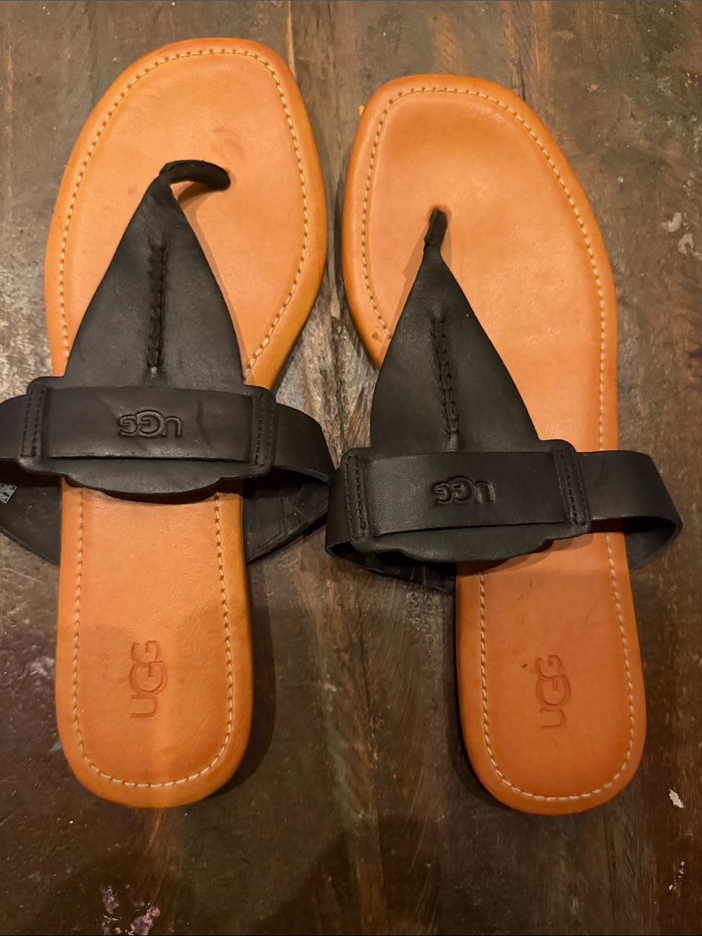 UGG Black Leather Toe-Post Sandals with Tan Footbed